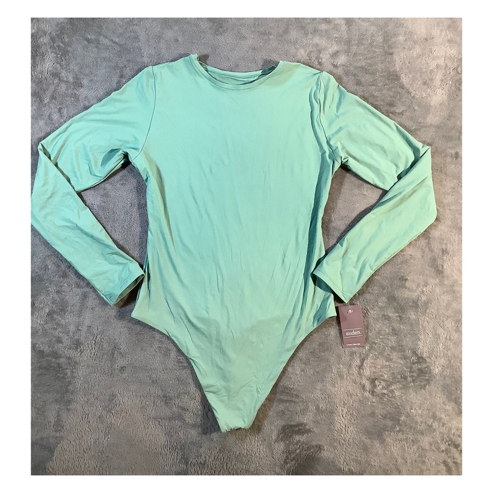 Auden Luxury Collection Luxe Stretch Bodysuit Green Long Sleeve Lined Size L NWT